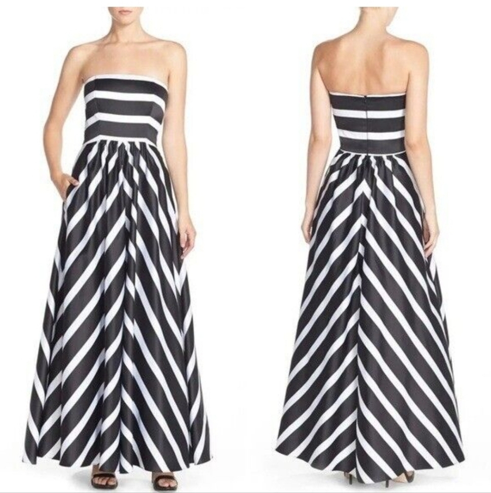 Betsy & Adam Strapless Black & White Chevron Ball Gown w/Pockets Sz 10